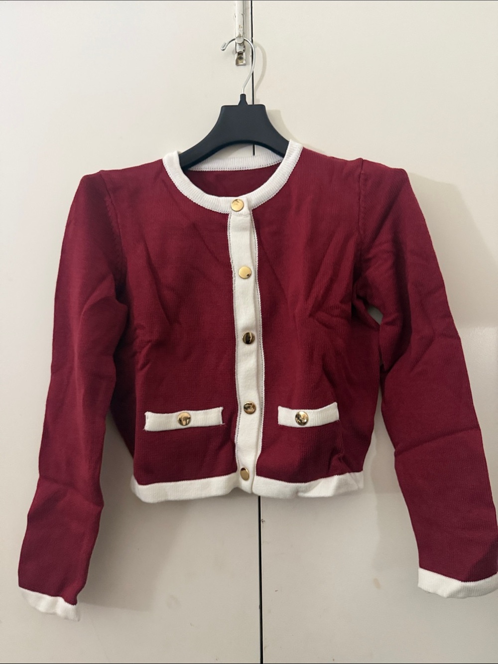 Women’s Burgundy Contrast-Trim Cropped Cardigan Jacket